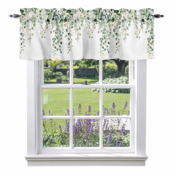 Eucalyptus Leaves Kitchen Valances, Watercolor Green Leaf Rod Pocket Window Valance 18 Inch Long, Window Curtain Panels for Living Room Bedroom Laundry, 54x18in