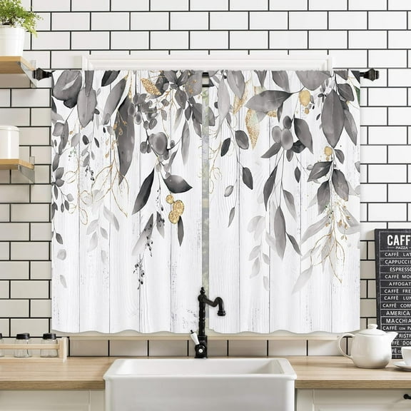 Eucalyptus Leaves Kitchen Window Curtains 2 Panels 27.5W x 39H Rod Pocket Plant Rustic Farmhouse Wood Gray Botanical Spring Small Short Door Decor Laundry Drapery Treatment