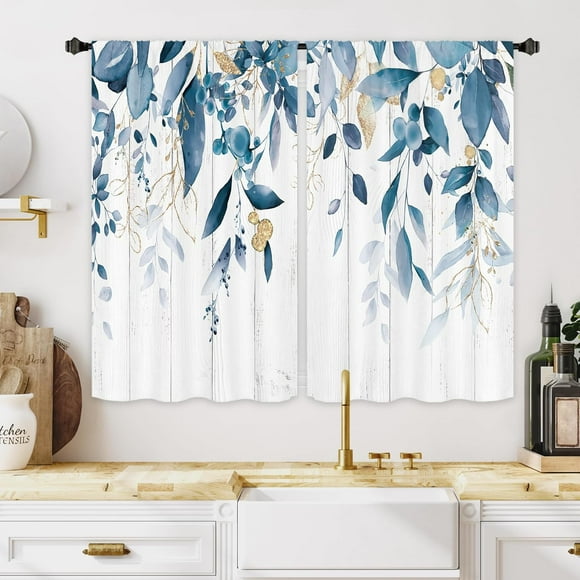 Eucalyptus Leaves Kitchen Window Curtains 2 Panels 27.5W x 39H Rod Pocket Plant Rustic Farmhouse Wooden Wood Blue Botanical Country Small Short Door Decor Laundry Drapery Treatment