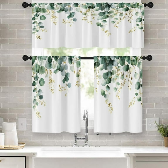 Eucalyptus Leaves Kitchen Window Curtains Valance and Tier Set 36 Inch, Sage Green Gold Watercolor Rod Pocket Short Tier Curtain for Bathroom, Spring Summer Small Cafe Drapes for Kitchen Decor