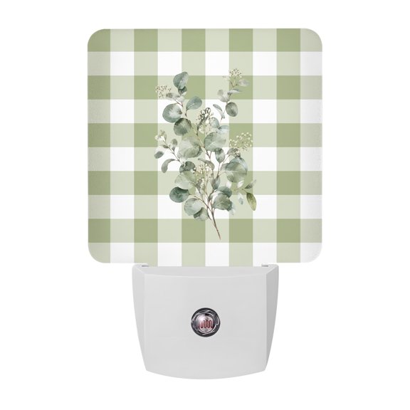 Eucalyptus Leaves LED Night Light, Country Pastoral Botanical Leaf Green Gingham Night Lights plug into Wall with Smart Sensor Dusk to Dawn Sensor for Nursery Bedroom 2.95x4.5in