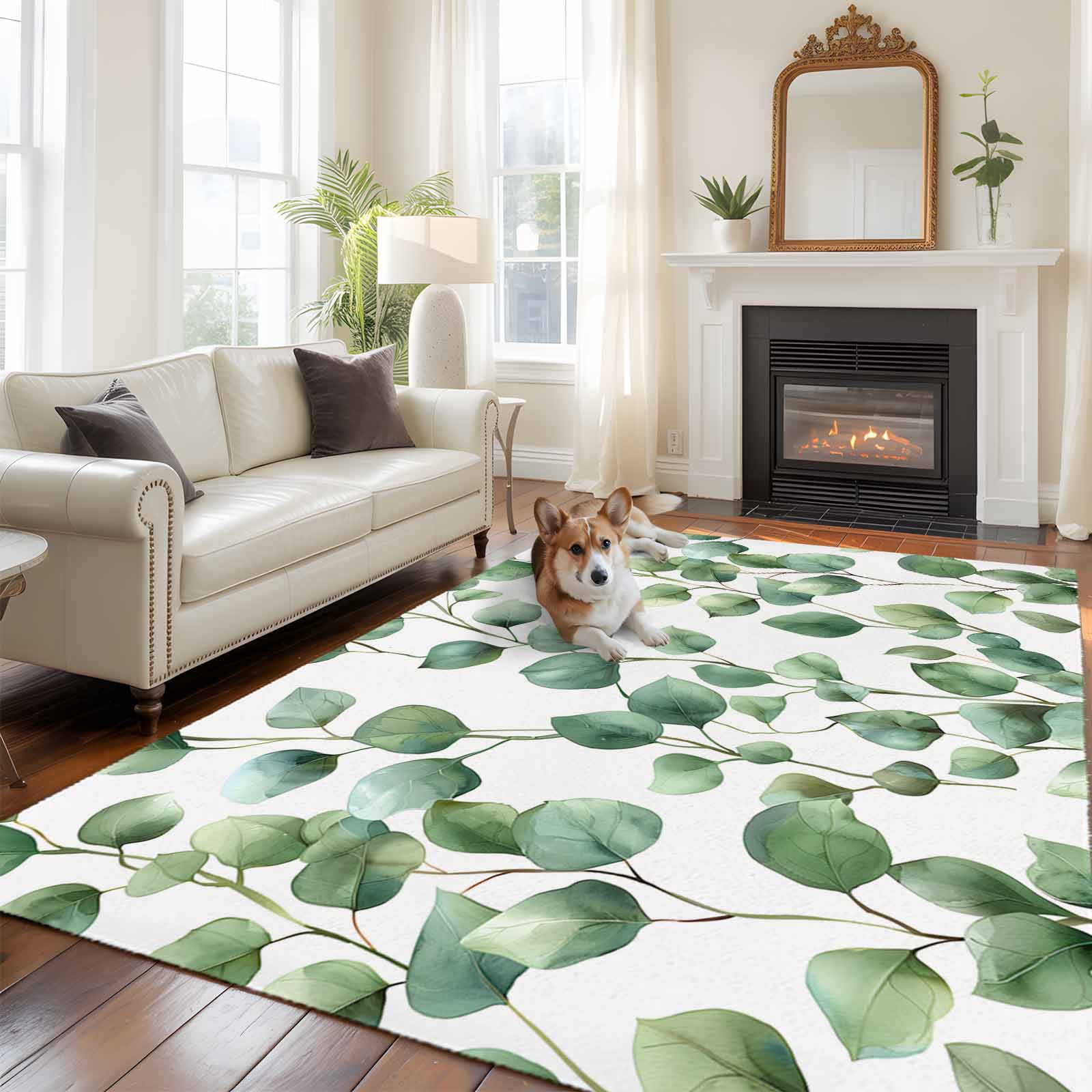 Eucalyptus Leaves Large Area Rugs 6x9 ft Green Rustic Watercolors ...