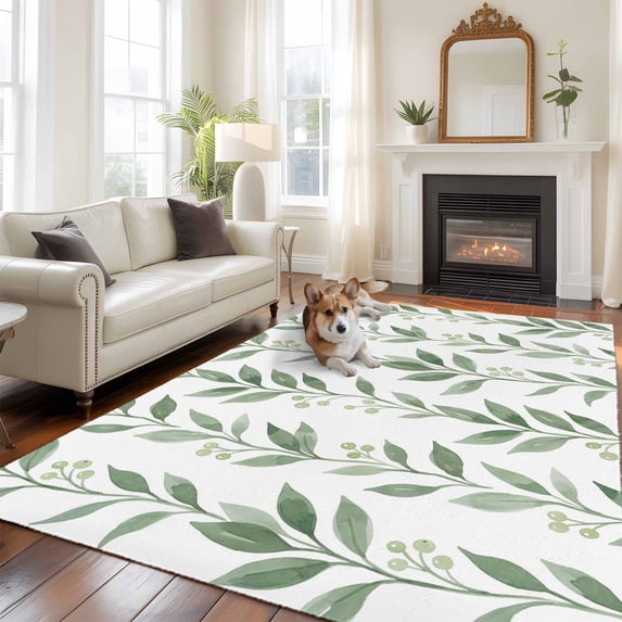 Eucalyptus Leaves Large Area Rugs 6x9 ft Spring Summer Watercolor Green Leaf Washable Rug Non Slip Indoor Carpet Absorbent Floor Mat for Living Room Bedroom Dining Room