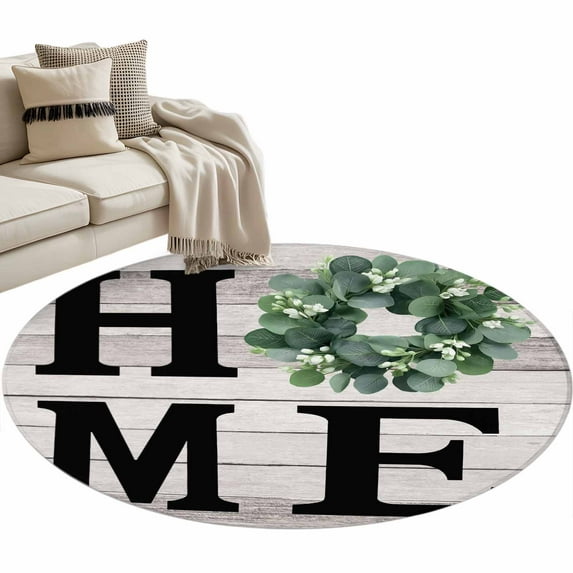 Eucalyptus Leaves Large Area Rugs for Bedroom Living Room, Soft Non Slip Carpet Bedside Rug, Rustic Botanical Plants Text Wood Grain Round Floor Cover Kitchen Accent Rug 3.3' for Dining Room/Office