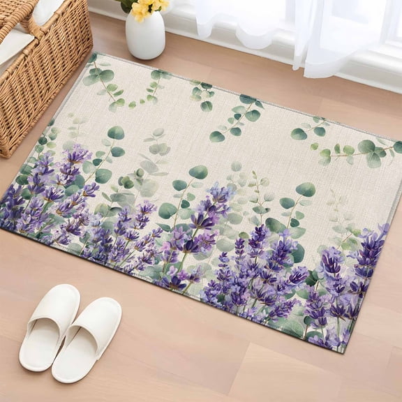 Eucalyptus Leaves Lavender 2'x3' Rug for Entryway Front Door Kitchen Sink Area, Watercolor Plants Vintage Low Pile Non Slip Rectangle Area Rug, Machine Washable Indoor Outdoor Mat