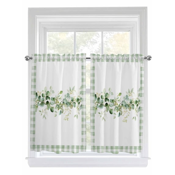 Eucalyptus Leaves Living Room Curtains 2 Panel, Sage Green Plaid Watercolor Cafe Window Treatment, Farmhouse Bedroom Bathroom Kitchen Curtains Drapes 104"x54"
