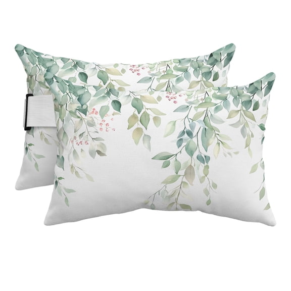 Eucalyptus Leaves Outdoor Pillows for Chaise Lounge Chair Beach Headrest Pillow Set of 2 Waterproof Lumbar Pillows with Insert&Strap Sage Green Botanical Spring Summer Pillow for Patio Pool 11"x16"