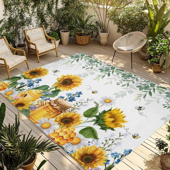 Eucalyptus Leaves Outdoor Rug for Patio/Deck/Porch, Non-Slip Large Area Rug 4 x 6 Ft, Sunflowers Spring Watercolor Country Floral Bee Indoor Outdoor Rugs Washable Area Rugs, Camping Rug Carpet Runner