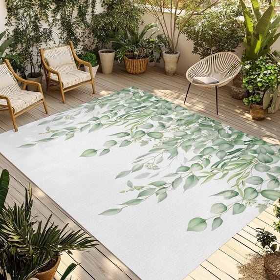 Eucalyptus Leaves Outdoor Rug for Patio/Deck/Porch, Non-Slip Large Area Rug 5 x 7 Ft, Green Summer Botanical Weeping Indoor Outdoor Rugs Washable Area Rugs, Reversible Camping Rug Carpet Runner