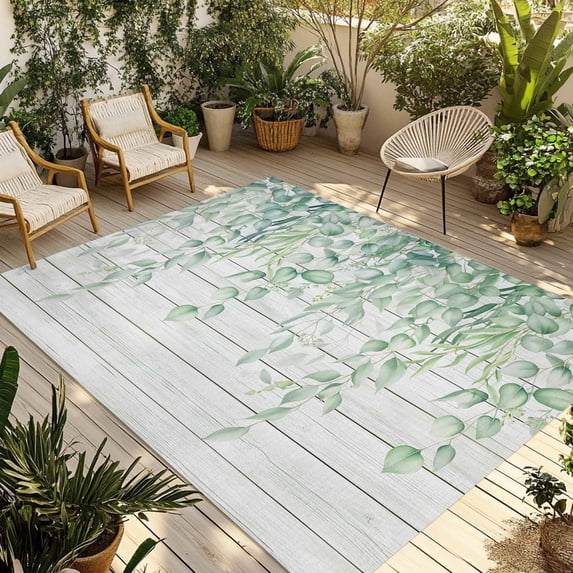 Eucalyptus Leaves Outdoor Rug for Patio/Deck/Porch, Non-Slip Large Area Rug 5 x 7 Ft, Sage Green Summer Botanical Weeping Wooden Indoor Outdoor Rugs Washable Area Rugs, Camping Rug Carpet Runner
