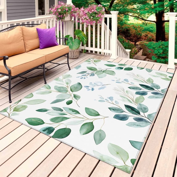 Eucalyptus Leaves Outdoor Rug for Patio/Deck/Porch, Non-Slip Large Area Rug 6 x 9 Ft, Spring Botanical Pastoral Green Indoor Outdoor Rugs Washable Area Rugs, Reversible Camping Rug Carpet Runner