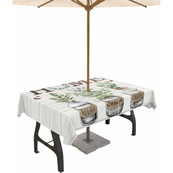 Eucalyptus Leaves Outdoor Tablecloth with Umbrella Hole Rectangle,Farmhouse Botanical Plants Wooden Grain Waterproof Table Cloth Washable Wipeable Cover Spill Proof for Patio Summer Picnic BBQ 60x84