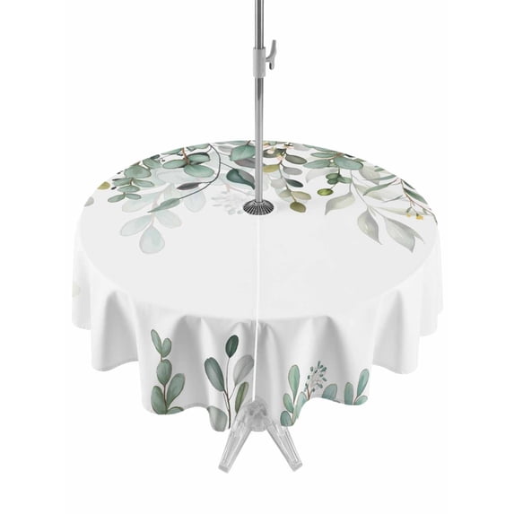 Eucalyptus Leaves Outdoor Tablecloth with Umbrella Hole, Spring Summer Farmhouse Floral Botanical Spillproof Waterproof Outdoor Table Cover, Patio Tablecloths for Party/Garden/Picnic, Round 54 inch