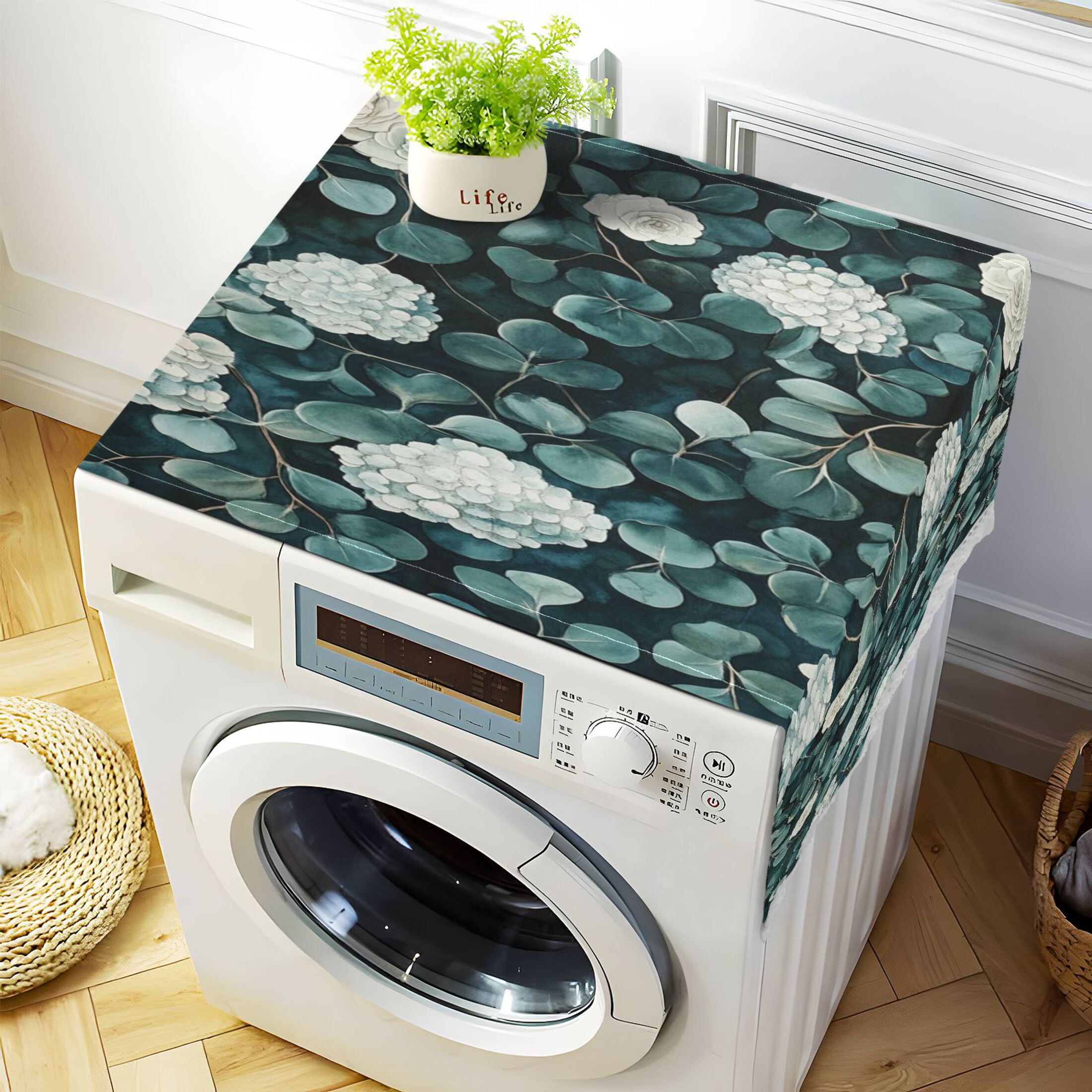 Eucalyptus Leaves PatternWasher and Dryer Covers Dust-Proof and Oil Resistant Fridge Cover with 4 Storage Pockets Washing Machine Top Cover for Laundry Kitchen Home 51.2 x 22 In