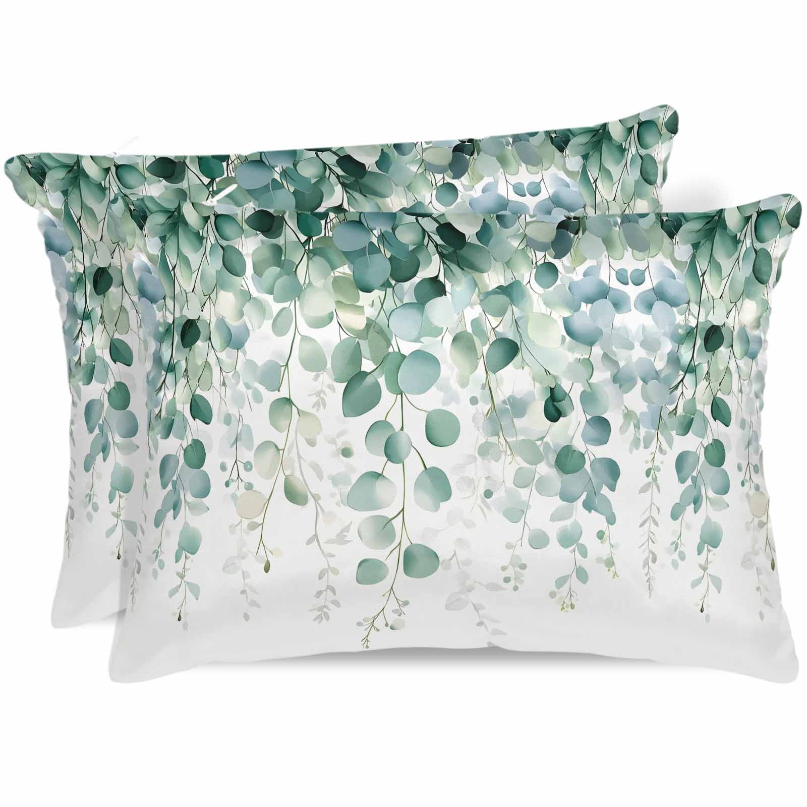 Eucalyptus Leaves Pillow Cases Queen Size Set of 2, Smooth Satin Pillowcase for Hair and Skin, Green Botanical Summer Spring Leaves Decorative Cooling Bed Pillow Covers with Zipper, 20x30 Inches
