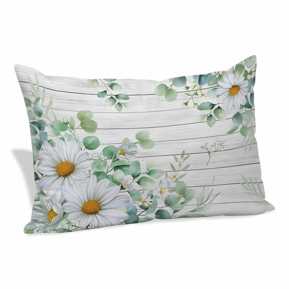 Eucalyptus Leaves Pillow Covers, Linen Long Throw Pillow Case, Daisy Spring Floral Botanical Wooden Holiday Pillow Protector Decorative Cushion Cover for Living Room/Bedroom 20" x 36"