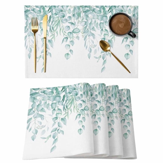 Eucalyptus Leaves Placemats Set of 12, Turquoise Summer Botanical Weeping Placemats for Dining Table, Place Mats for Kitchen Tabletop, Waterproof Wipeable Dining Table Mats Set