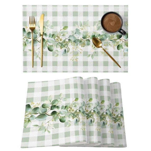 Eucalyptus Leaves Placemats Set of 4, Green Plaid Farmhouse Watercolor Placemats for Dining Table, Place Mats for Kitchen Tabletop, Waterproof Wipeable Dining Table Mats Set