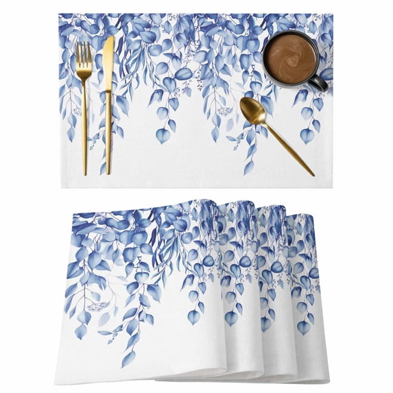 Eucalyptus Leaves Placemats Set of 4, Navy Blue Summer Botanical Weeping Placemats for Dining Table, Place Mats for Kitchen Tabletop, Waterproof Wipeable Dining Table Mats Set