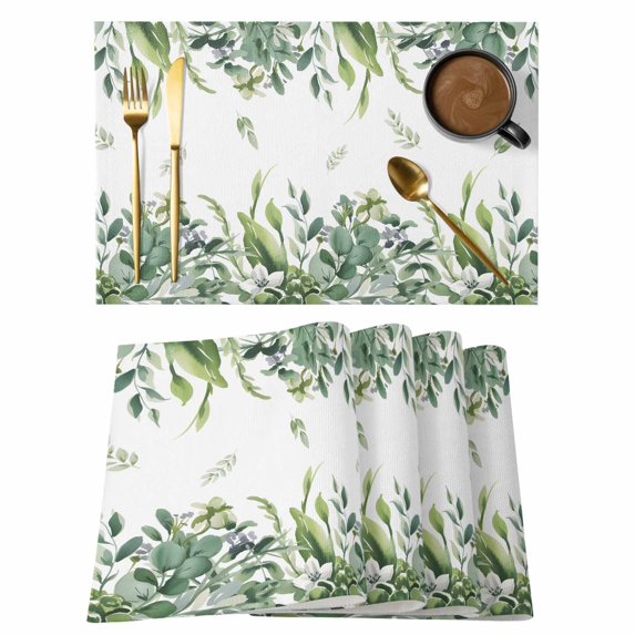 Eucalyptus Leaves Placemats Set of 4, Rustic Green Plants Botanical Placemats for Dining Table, Place Mats for Kitchen Tabletop, Waterproof Wipeable Dining Table Mats Set