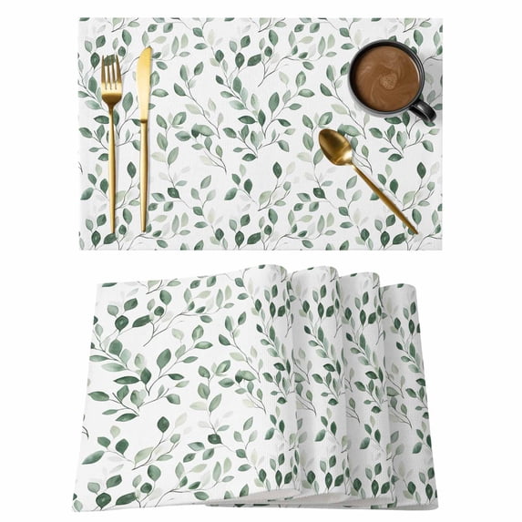 Eucalyptus Leaves Placemats Set of 6 Watercolor Summer Botanical Green Place Mats Indoor Wipeable Table Mats Washable Cloth Dining Table Placemats for Kitchen Holiday Party Home Decor 13x19 Inch