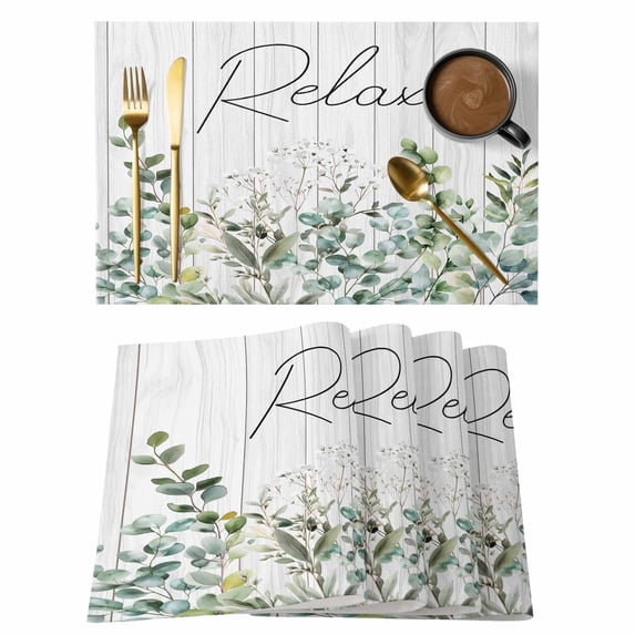 Eucalyptus Leaves Placemats Set of 8, Relax Watercolor Plant Non-Slip Place Mats Washable Table Mats for Kitchen Dining Table Decorations Indoor/Outdoor
