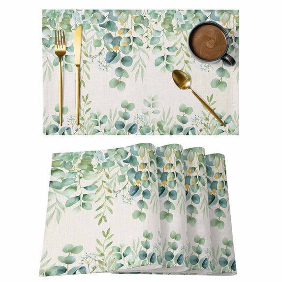 Eucalyptus Leaves Placemats Set of 8, Sage Green Summer Botanical Placemats for Dining Table, Place Mats for Kitchen Tabletop, Waterproof Wipeable Dining Table Mats Set