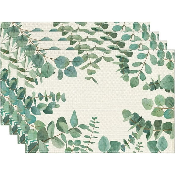 Eucalyptus Leaves Placemats for Dining Table Set of 4, Spring Summer Seasonal Decoration Rustic Washable Table Mats,12 x 18 Inch