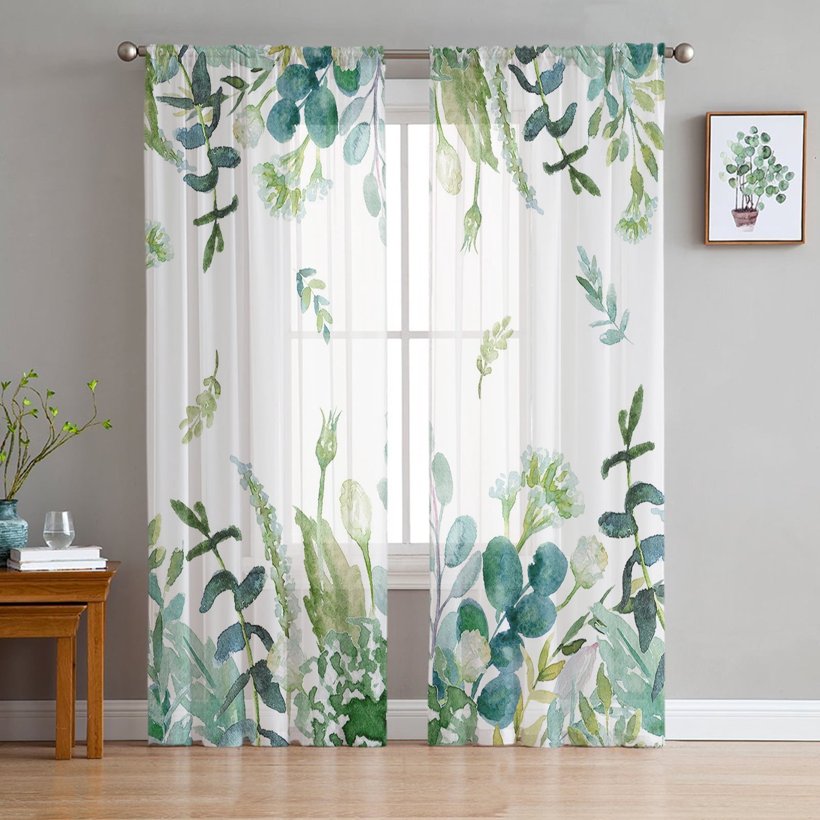 Eucalyptus Leaves Semi Sheer Curtains - 2 Panels 52x84 Inches, Sage Green Leaf Pattern, Rod Pocket