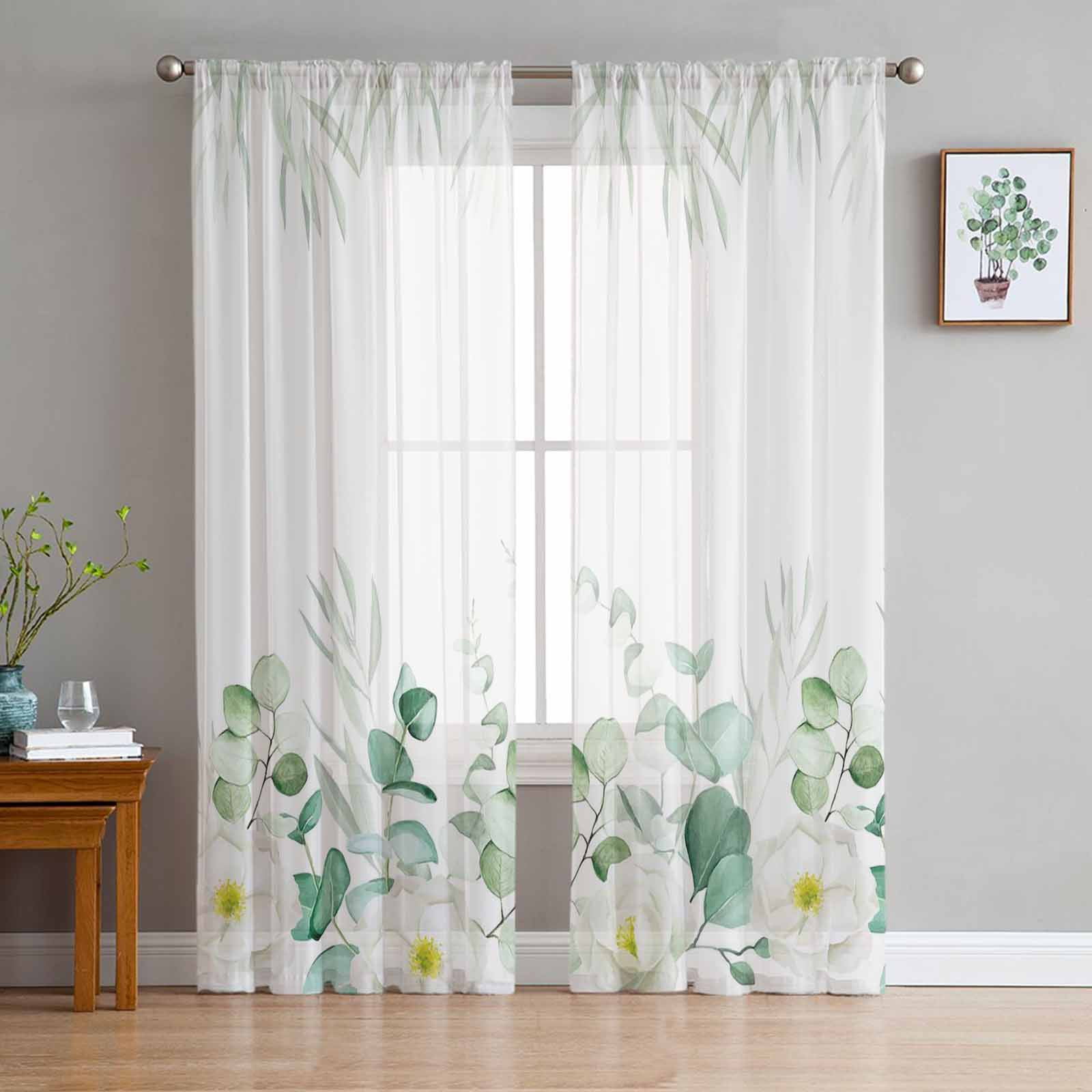 Eucalyptus Leaves Plant Green White Tulle Sheer Window Curtains for