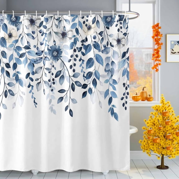 Eucalyptus Leaves Plant on The Top Shower Curtain for Bathroom, Blue White Waterproof Shower Curtains Washable Quick Dry with Hooks Bathtub Curtains 36x72 IN