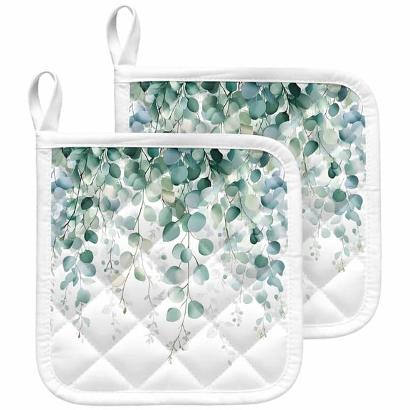 Eucalyptus Leaves Pot Holders for Kitchen Heatproof Potholder, 2 Pack Green Botanical Summer Spring Leaves Hot Pads Multipurpose Oven Pads Cloth Potholders Trivet for Cooking and Baking