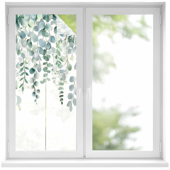 Eucalyptus Leaves Privacy Window Film, Decorative Frosted Glass Window Film, Teal Botanical Summer Weeping Reusable Peel and Stick Static Cling for Home Bathroom Office Glass Door 17.7"x39.3"