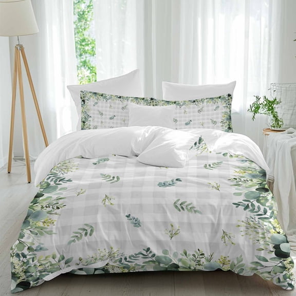 Eucalyptus Leaves Queen Size Comforter Set, Green Leaf Gray White Plaid Vintage Bedding for All Seasons, 4 Pcs Bed Set, 1Quiltcover (90"x92") ,1Sheet(94"x116"), 2Pillowcases (30"x20")