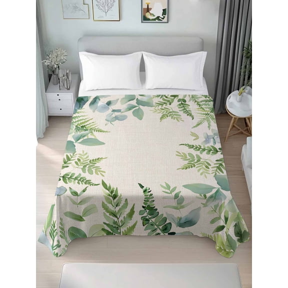 Eucalyptus Leaves Queen Size Flat Sheet, Wrinkleproof & Fadeproof Cooling Flat Bed Sheet Only, Rustic Sage Green Botanical Burlap Breathable Soft Bedding Top Sheets 90 x 102 Inches