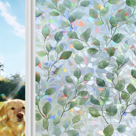 Eucalyptus Leaves Rainbow Window Privacy Film, Watercolor Leaf Summer Green Plant Stained Glass Window Film, Sun Blocking Glass Clings Static Cling Non Adhesive Door Stickers 19.6 x 39.3 Inches