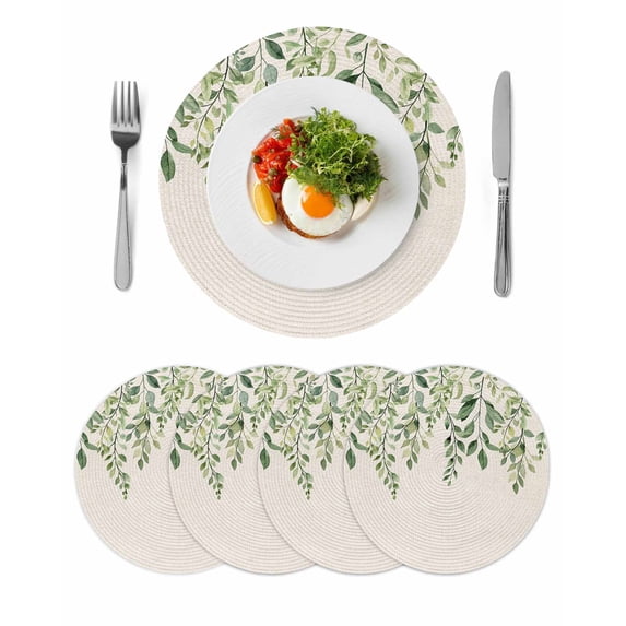 Eucalyptus Leaves Round 13 Inch Placemats Set of 4, Sage Green Spring Botanical Rustic HeatResistant Non Slip Place Mats for Dining Table, Wipeable Braided Kitchen Table Mats for Housewarming