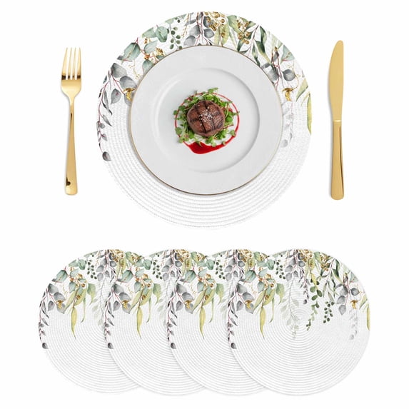 Eucalyptus Leaves Round 13 Inch Placemats Set of 4, Summer Botanical Green Watercolor HeatResistant Non Slip Place Mats for Dining Table, Wipeable Braided Kitchen Table Mats for Housewarming