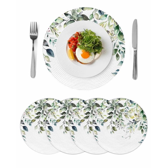 Eucalyptus Leaves Round 13 Inch Placemats Set of 4, Watercolor Weeping Teal Botanical HeatResistant Non Slip Place Mats for Dining Table, Wipeable Braided Kitchen Table Mats for Housewarming