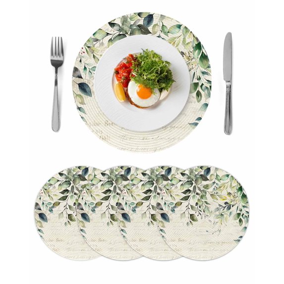 Eucalyptus Leaves Round 13 Inch Placemats Set of 4, Watercolor Weeping Teal Botanical Vintage HeatResistant Non Slip Place Mats for Dining Table, Wipeable Braided Kitchen Table Mats for Housewarming