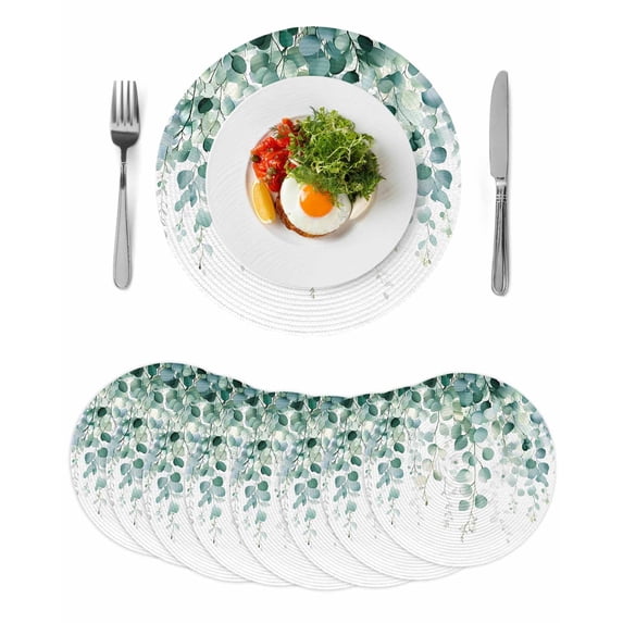 Eucalyptus Leaves Round 13 Inch Placemats Set of 8, Green Botanical Summer Spring Leaves HeatResistant Non Slip Place Mats for Dining Table, Wipeable Braided Kitchen Table Mats for Housewarming