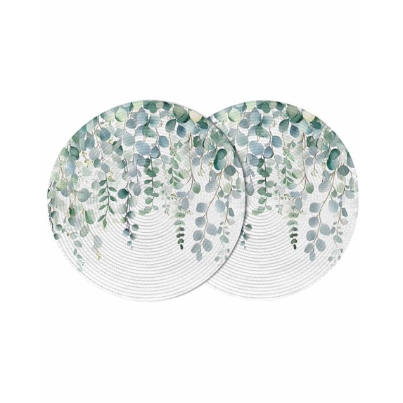 Eucalyptus Leaves Round 15 Inch Placemats Set of 2, Teal Botanical Summer Weeping HeatResistant Non Slip Place Mats for Dining Table, Wipeable Braided Kitchen Table Mats for Housewarming