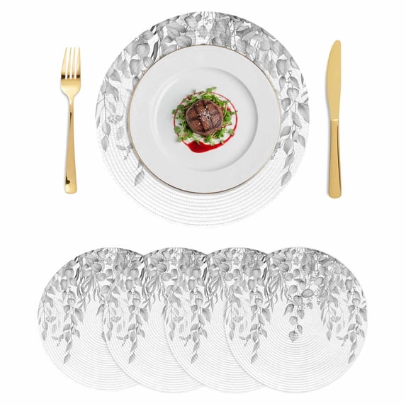 Eucalyptus Leaves Round 15 Inch Placemats Set of 4, Grey Summer Botanical Weeping HeatResistant Non Slip Place Mats for Dining Table, Wipeable Braided Kitchen Table Mats for Housewarming