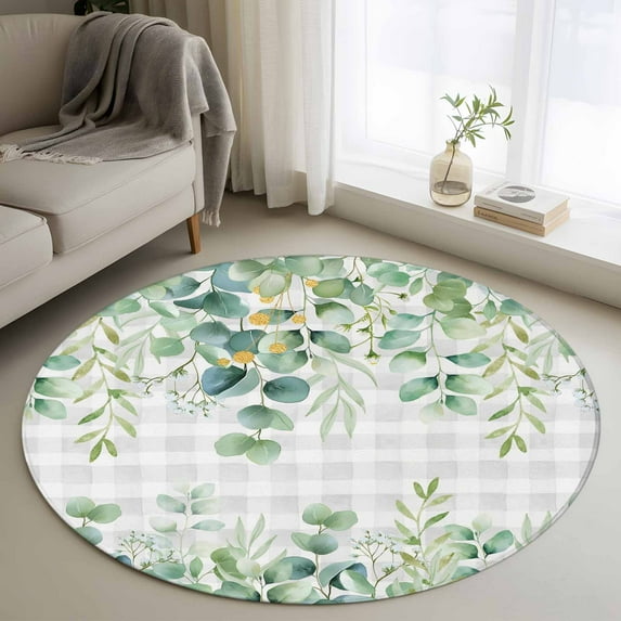Eucalyptus Leaves Round Area Rug 3Ft Washable Small Circle Rugs for Kitchen Entryway, Summer Botanical Non-Slip Carpet Floor Mats Indoor Outdoor Carpet Runner Aesthetic Home Decor