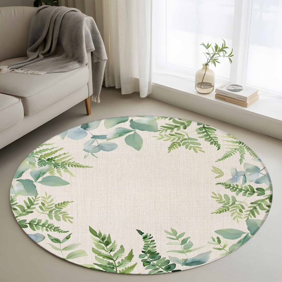 Eucalyptus Leaves Round Area Rug 4 FT, Non Slip Indoor Outdoor Rug, Rustic Sage Green Botanical Burlap Washable Soft Circular Carpet Non-Shedding Floor Mat for Coffee Table Nursery Foyer Balcony