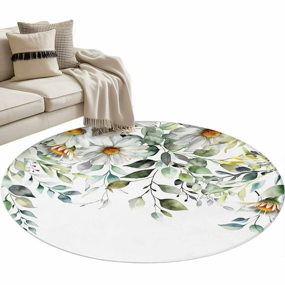 Eucalyptus Leaves Round Area Rug 4ft, White Daisy Spring Floral Summer ...