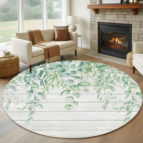 Eucalyptus Leaves Round Area Rug 5Ft Washable Circle Rugs for Living Room Bedroom, Sage Green Summer Botanical Weeping Wooden Non-Slip Carpet Floor Mats Indoor Outdoor Carpet Runner Home Decor