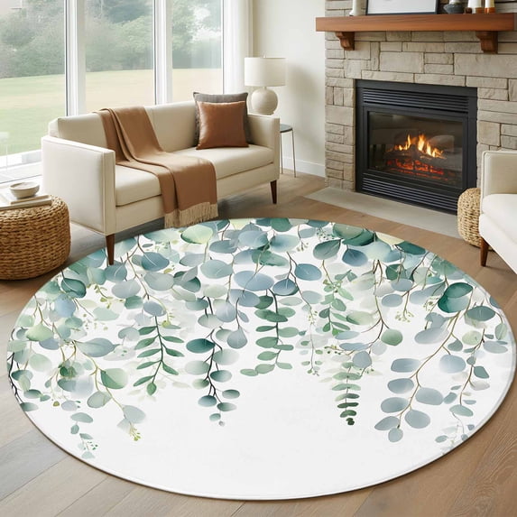 Eucalyptus Leaves Round Area Rug 6 FT, Non Slip Bedroom Rugs, Teal Botanical Summer Weeping Washable Soft Circular Carpet Non-Shedding Floor Mat for Kitchen Dining Room Home Office Kids Room