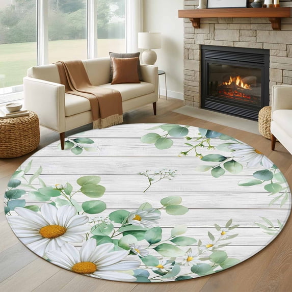 Eucalyptus Leaves Round Area Rug 7Ft Washable Circle Rugs for Dorm Laundry Room, Daisy Spring Floral Botanical Wooden Non-Slip Carpet Floor Mats Indoor Outdoor Carpet Runner Aesthetic Home Decor