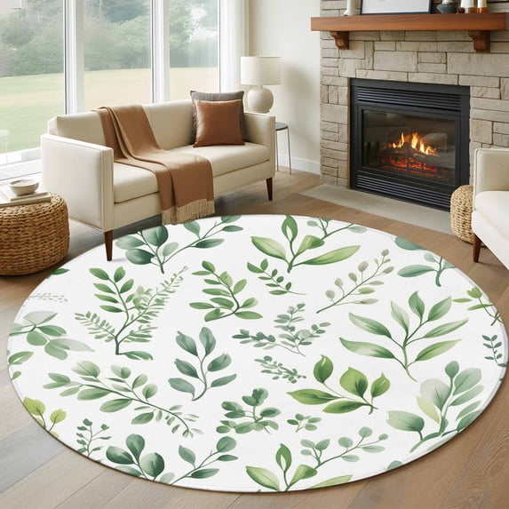 Eucalyptus Leaves Round Area Rug 8Ft Washable Large Circle Rugs for Living Room Dorm, Sage Green Watercolor Farmhouse Non-Slip Carpet Floor Mats Indoor Outdoor Carpet Runner Aesthetic Home Decor